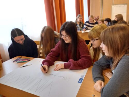 8. un 9. klases skolēni piedalās nodarbībā par medijpratību kopā ar Lauri Zalānu